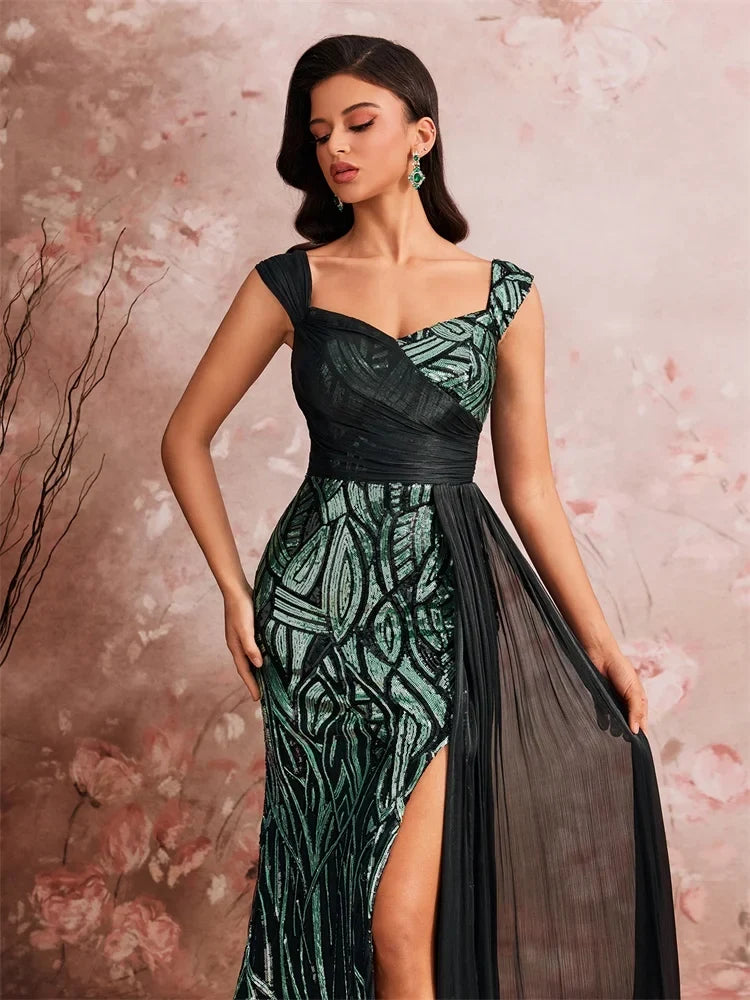 Embroidered Mermaid Maxi Dress – Sleeveless Square Neck Evening Gown with Patterned Bodice, High Side Slit and Flowing Floor-Length Skirt