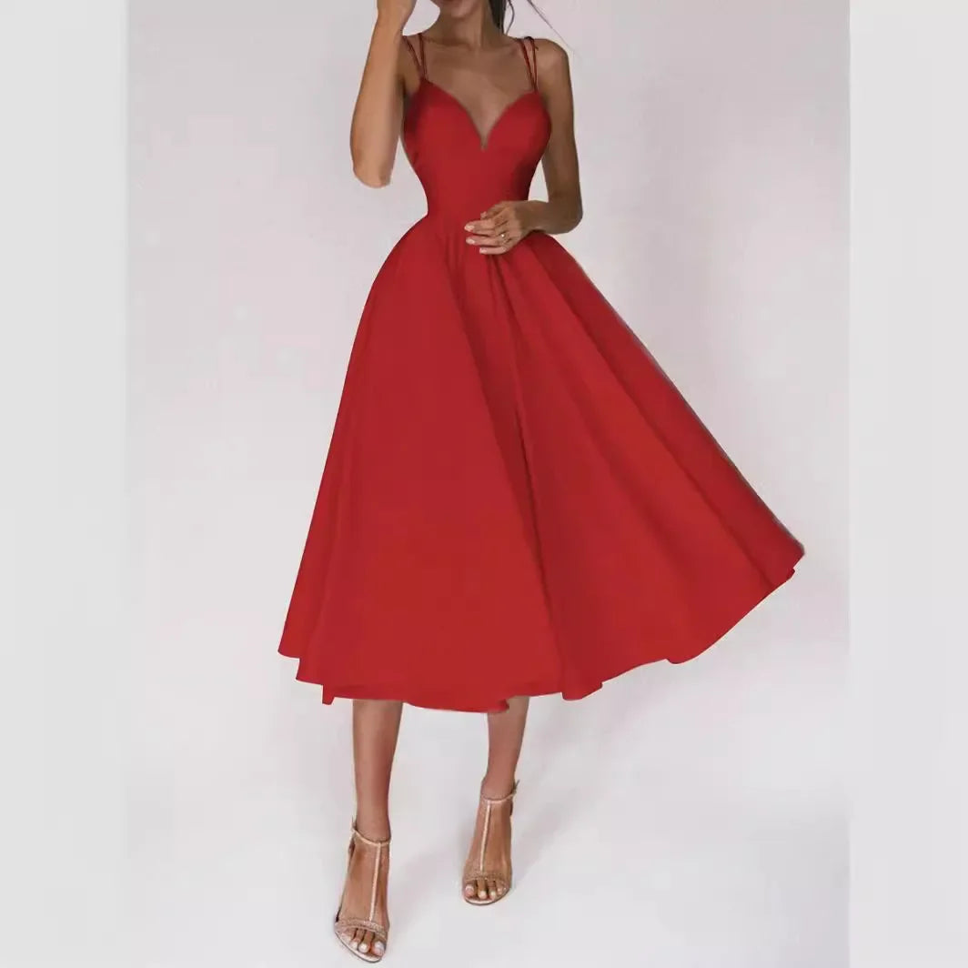 Elegant A-Line Midi Dress – Sleeveless Fitted Bodice Dress with Flared Full Skirt for Weddings, Bridal Events, Brunch & Special Occasions