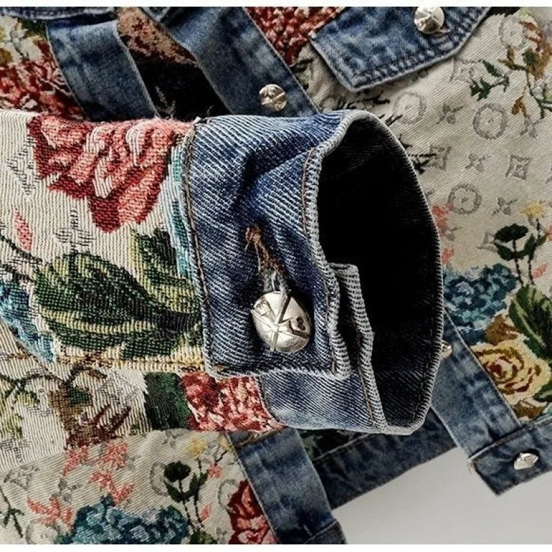 Floral Printed Denim Jacket, Patchwork Button-Up Jacket with Chest Pockets and Turn-Up Cuffs, Vintage-Inspired Casual Outerwear