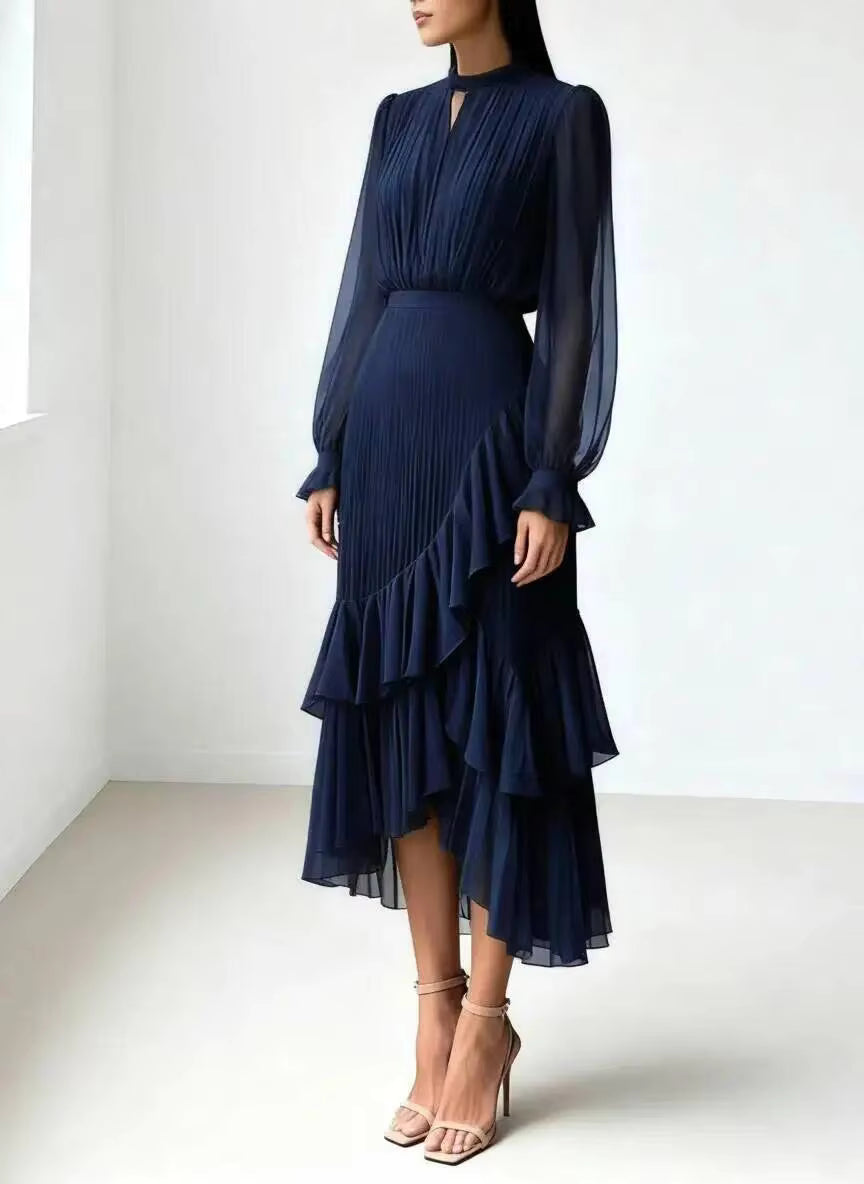 Pleated Ruffle Midi Dress – Long Sleeve Chiffon Dress with High Neckline, Keyhole Detail, Balloon Sleeves and Asymmetrical Tiered Hem