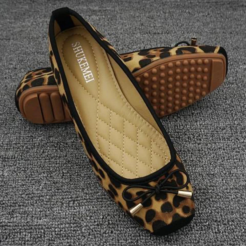 Leopard Print Ballet Flats | Square Toe Bow Flats | Quilted Comfort Slip-On Shoes