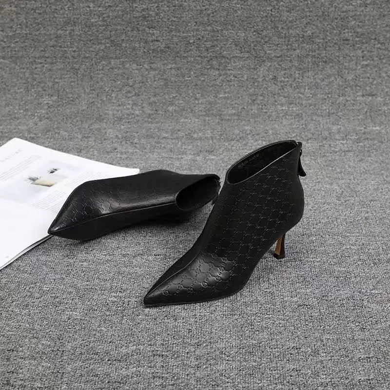 Pointed Toe Stiletto Ankle Boots | Textured High Heel Booties | Elegant Zip-Up Dress Boots