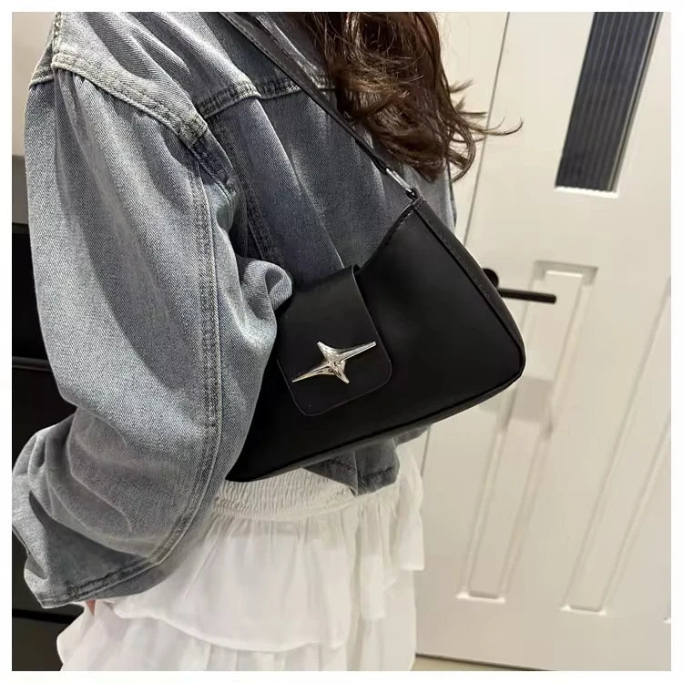 Minimalist Shoulder Bag, Structured Flap Handbag with Wide Strap & Statement Hardware, Elegant Crossbody Purse for Work, Dates & Everyday Use