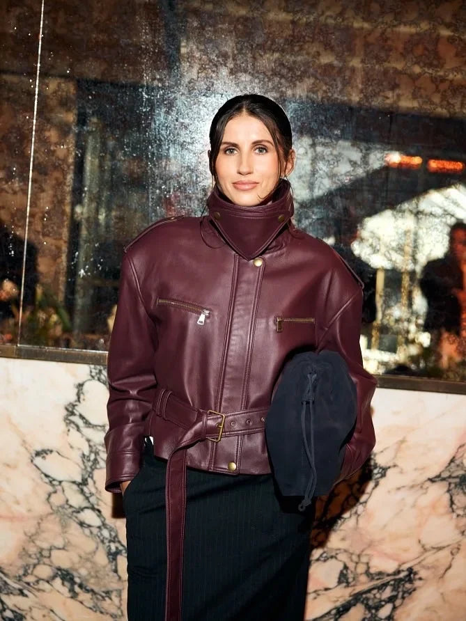 Faux Leather Biker Jacket, Belted Moto Jacket with High Neck and Utility Pockets, Structured Chic Streetwear Outerwear
