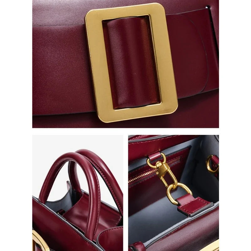 Structured Top Handle Handbag, Elegant Box Satchel with Statement Buckle Detail, Minimalist Shoulder Purse for Work, Dates & Everyday Use