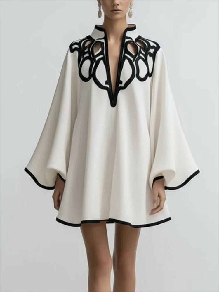 Cape Mini Dress – Long Sleeve A-Line Dress with Statement Collar, Contrast Trim and Flowing Silhouette for Parties & Special Occasions