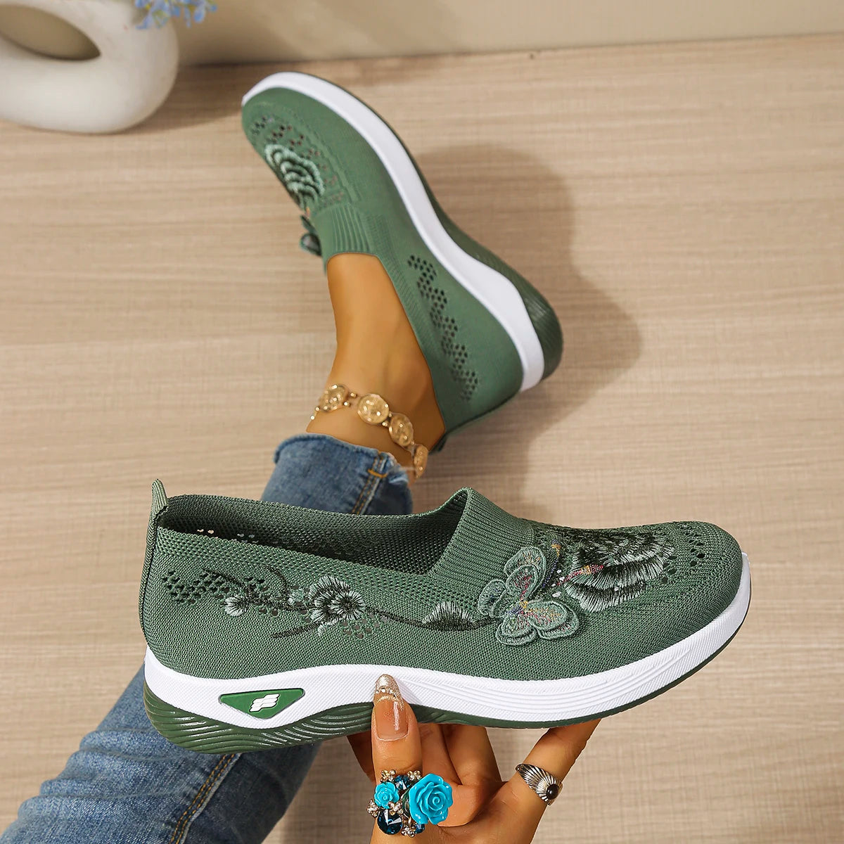 Floral orthopaedic Slip On Sneakers | Embroidered Mesh Walking Shoes | Lightweight Casual Platform Sneakers