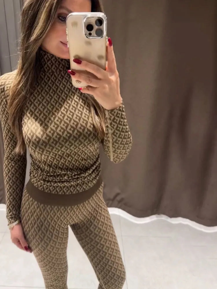 Textured Turtleneck Top & High Waist Leggings Co-Ord Set | Long Sleeve Two Piece Fitted Outfit | Chic Fall & Winter Matching Set