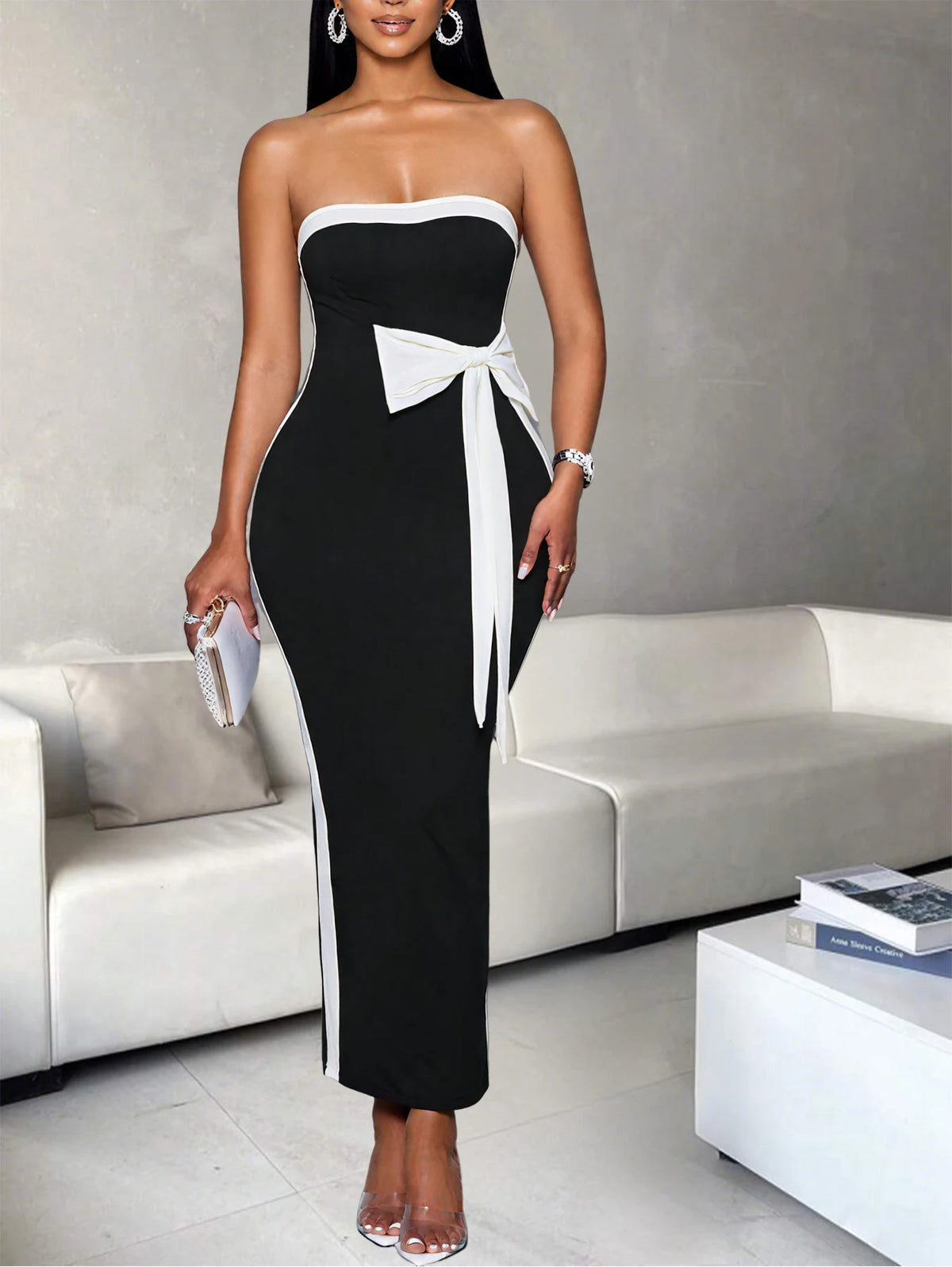 Strapless Bodycon Midi Dress – Elegant Fitted Dress with Contrast Trim, Statement Bow Waist Detail and Sleek Pencil Silhouette