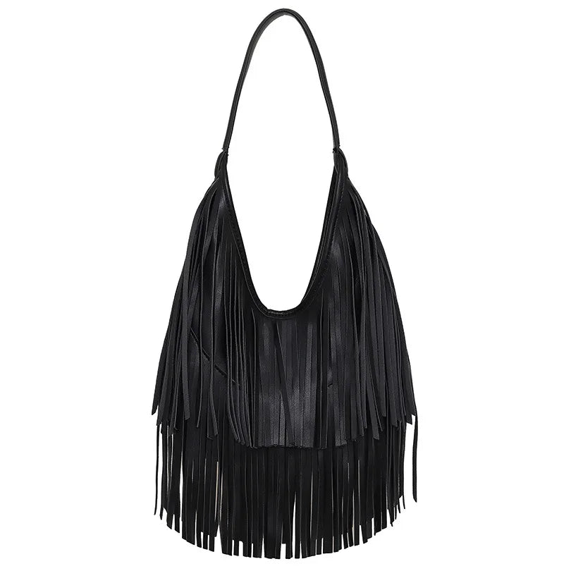 Women's Fringe Shoulder Bag, Black Faux Leather Hobo Bag, Boho Tassel Handbag, Slouchy Fringe Purse for Casual Outings & Festivals