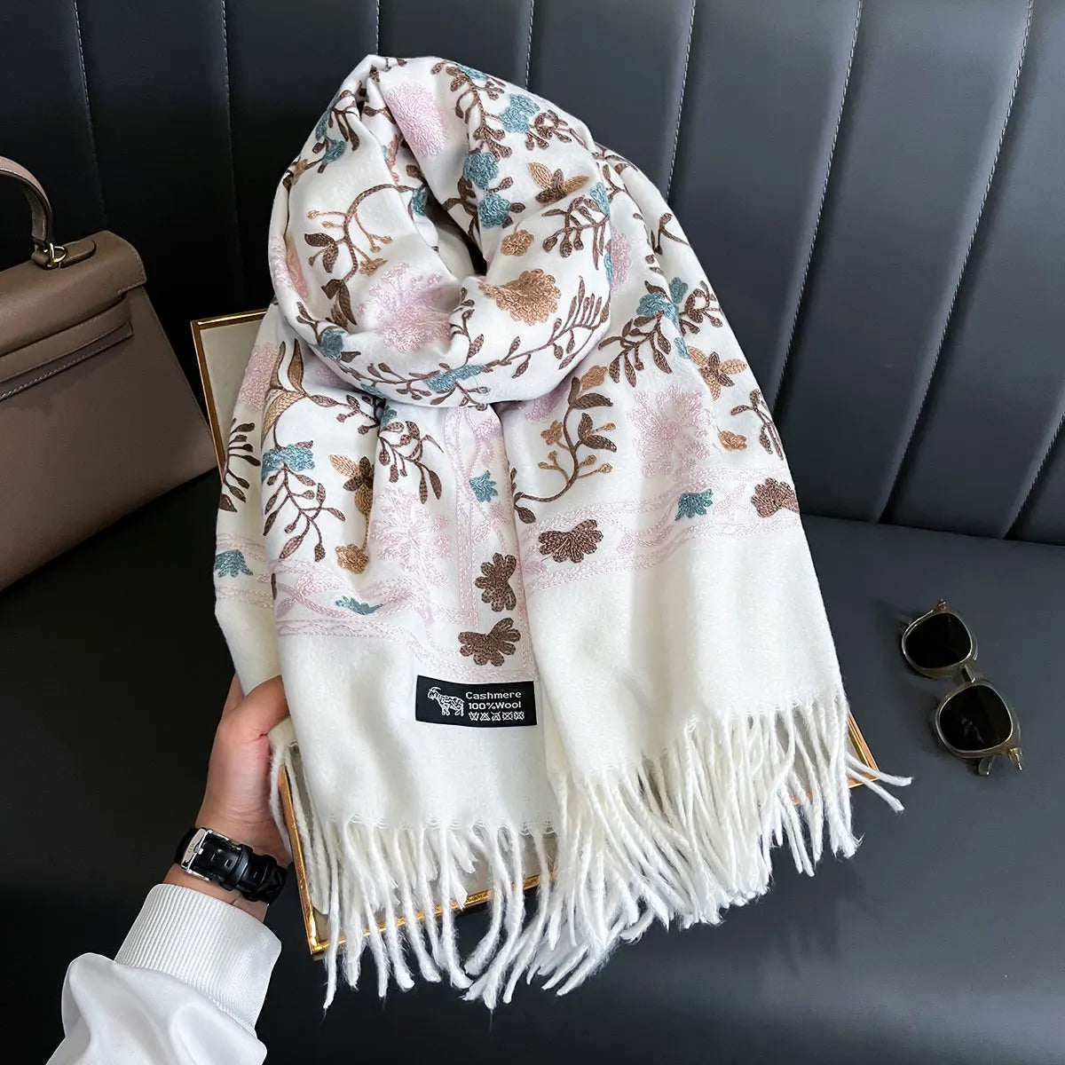 Women's Floral Shawl Wrap, Embroidered Look Botanical Print Scarf with Fringed Ends, Elegant Shoulder Wrap