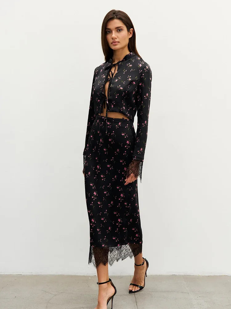 Floral Lace-Up Crop Top & Midi Skirt Co-Ord Set | Long Sleeve Two Piece Outfit with Lace Detail | Elegant Party & Date Night Set