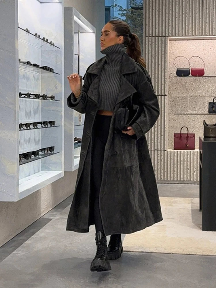 Longline Trench Coat, Belted Faux Leather Coat with Wide Lapels and Relaxed Fit, Elegant Winter Statement Outerwear