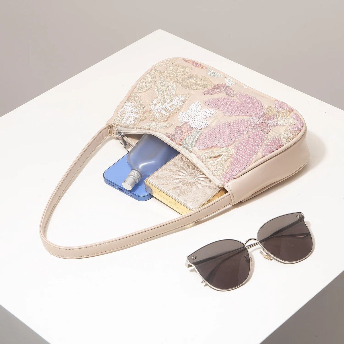 Floral Embroidered Shoulder Bag, Elegant Sequined Hobo Purse with Long Strap, Feminine Evening Handbag for Weddings, Brunch & Special Occasions