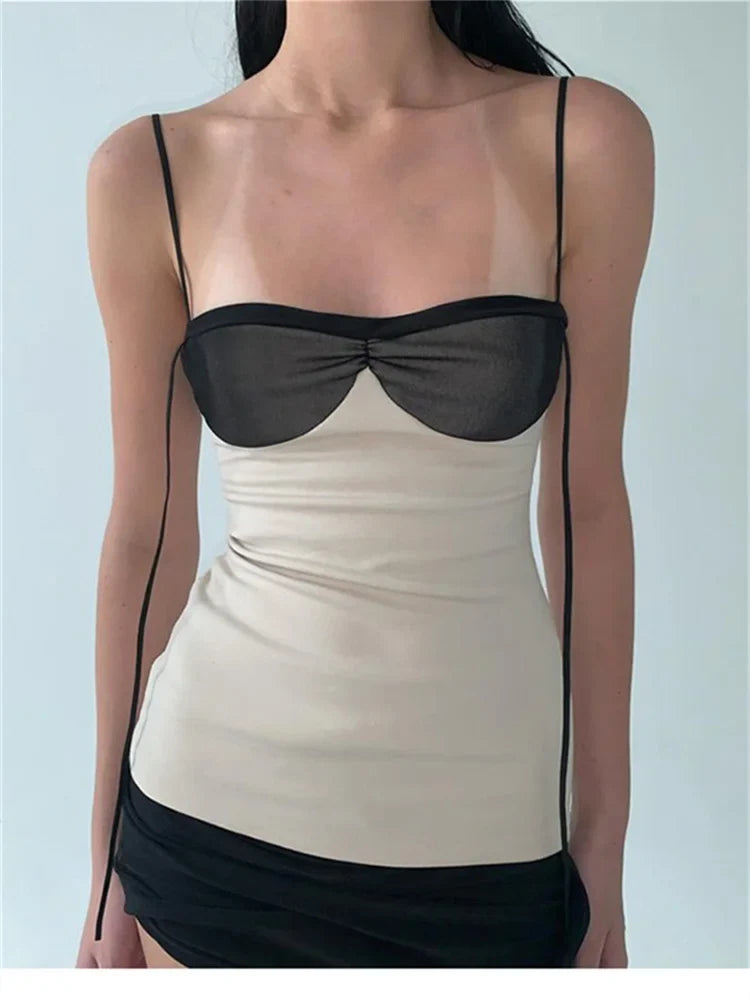 Ruched Mini Dress – Spaghetti Strap Bustier Dress with Contrast Bodice, Draped Waist and Figure-Hugging Silhouette for Date Nights & Parties