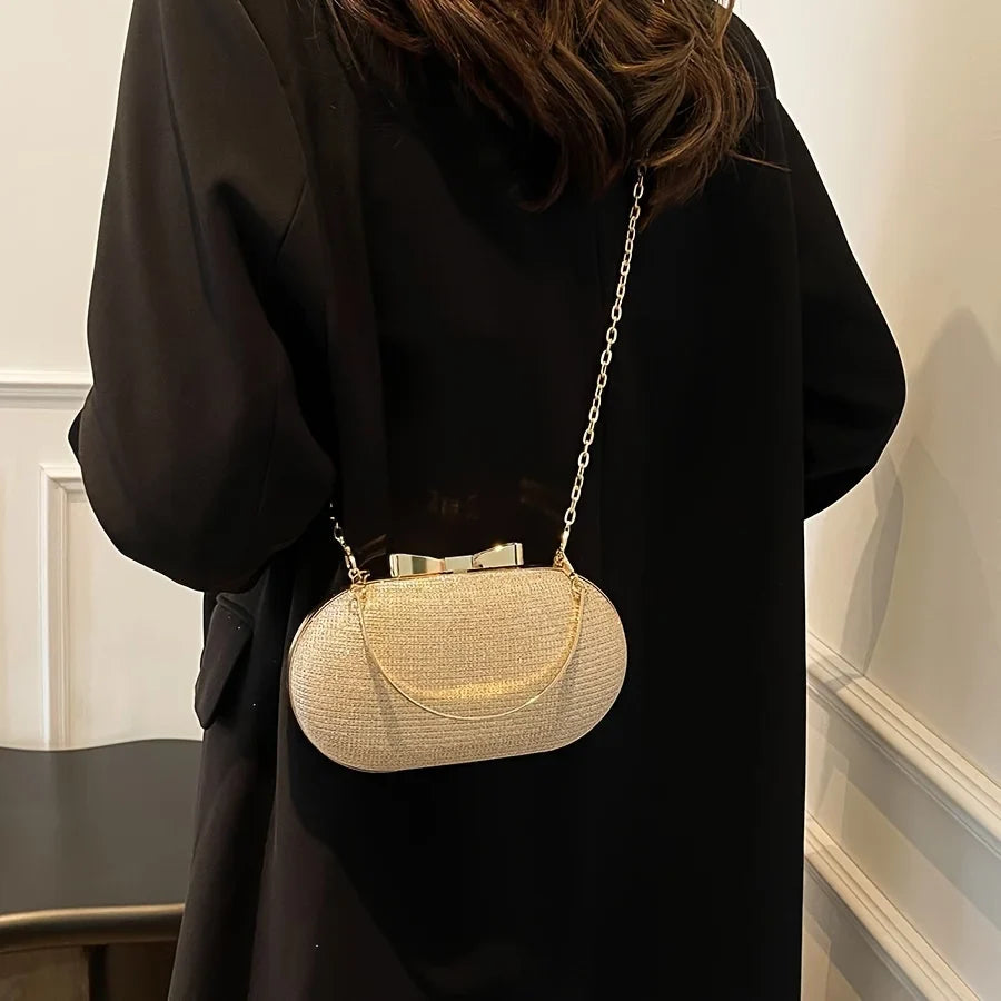 Crystal Embellished Clutch Bag, Glamorous Evening Handbag with Gold-Tone Frame, Chain Strap & Top Handle for Weddings, Parties & Formal Events