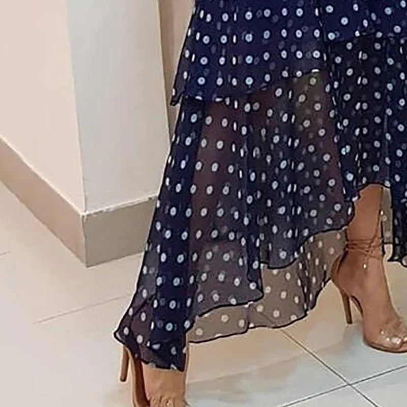 Polka Dot Maxi Dress – Long Sleeve V-Neck Dress with Wrap Waist, Tiered Skirt and Sheer High-Low Hem for Parties & Special Events