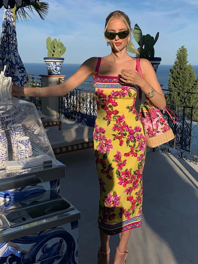 Floral Midi Dress – Spaghetti Strap Bodycon Dress with Square Neck, Vibrant Botanical Print and Straight Silhouette for Vacations & Summer Events