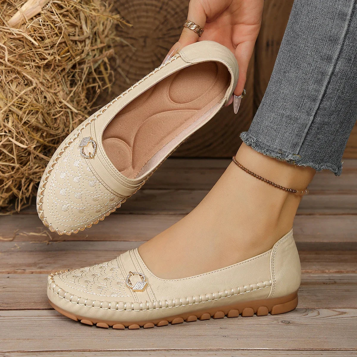 Comfort orthopaedic Ballet Flats | Pearl Embellished Slip-On Shoes | Soft Round Toe Casual Walking Flats
