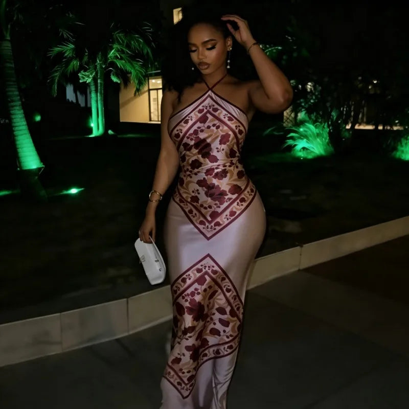 Floral Halter Maxi Dress – Sleeveless White Dress with Geometric Print Panels, Open Back and Elegant Fitted Silhouette