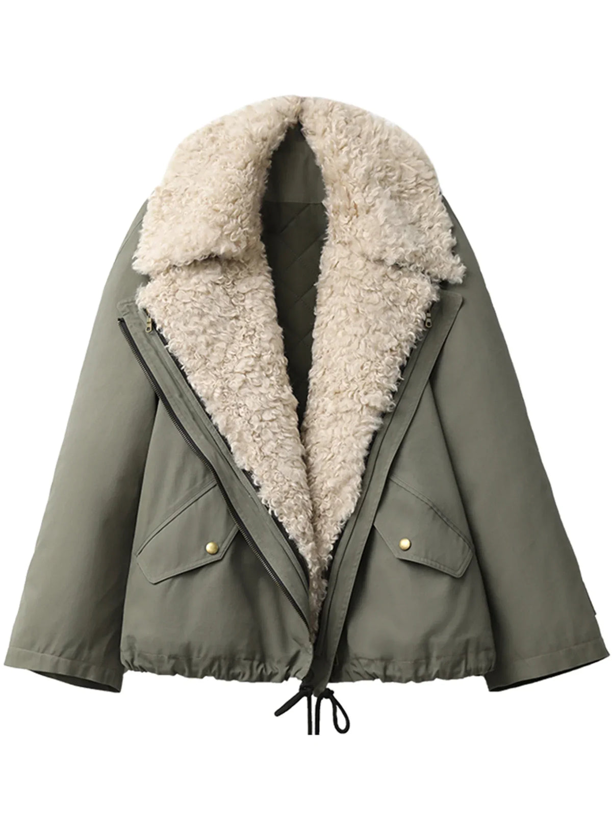 Faux Shearling Collar Jacket, Cropped Utility Aviator Jacket, Relaxed Fit Zip-Up Winter Outerwear