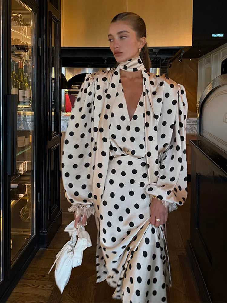 Polka Dot High Neck Top & Wide Leg Pants Co-Ord Set | Long Sleeve Two Piece Outfit with Ruffle Trim | Elegant Party & Occasion Wear