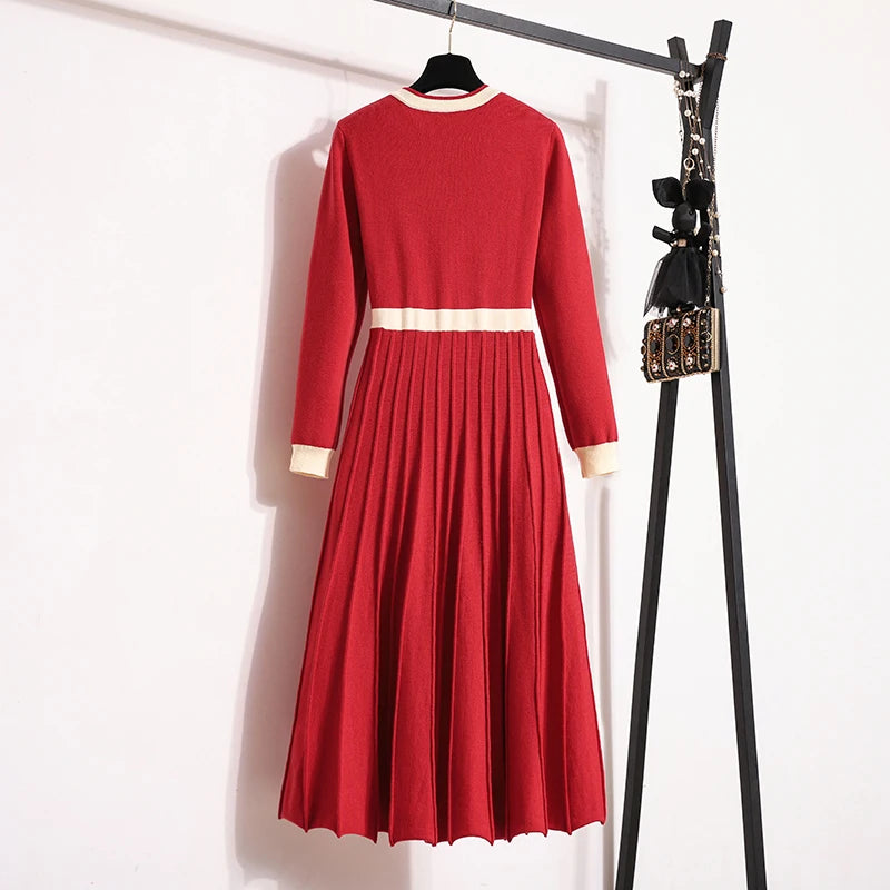 Pleated Midi Dress – Long Sleeve Knit Dress with Button Front, Contrast Trim, Fitted Bodice and Elegant A-Line Skirt for Fall
