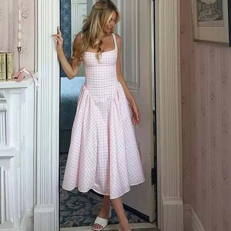 Gingham Midi Dress – Sleeveless Square Neck A-Line Dress with Wide Straps, Fitted Bodice and Full Pleated Skirt