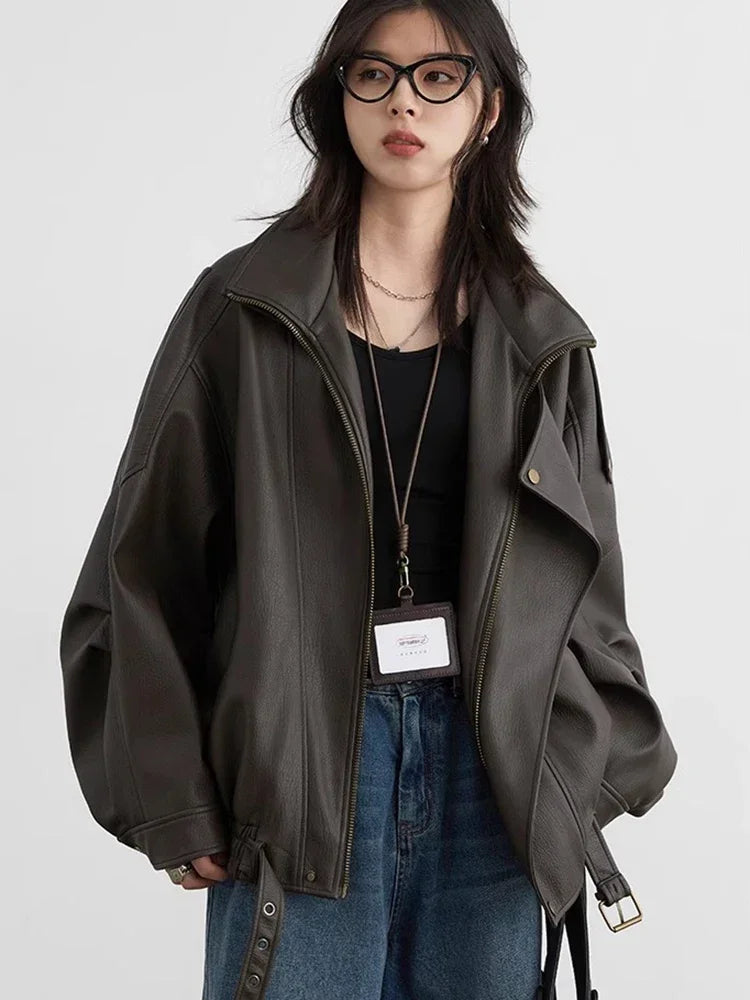 Oversized Faux Leather Biker Jacket, Zip-Up Moto Jacket with Wide Lapels and Elasticated Hem, Edgy Casual Streetwear Outerwear