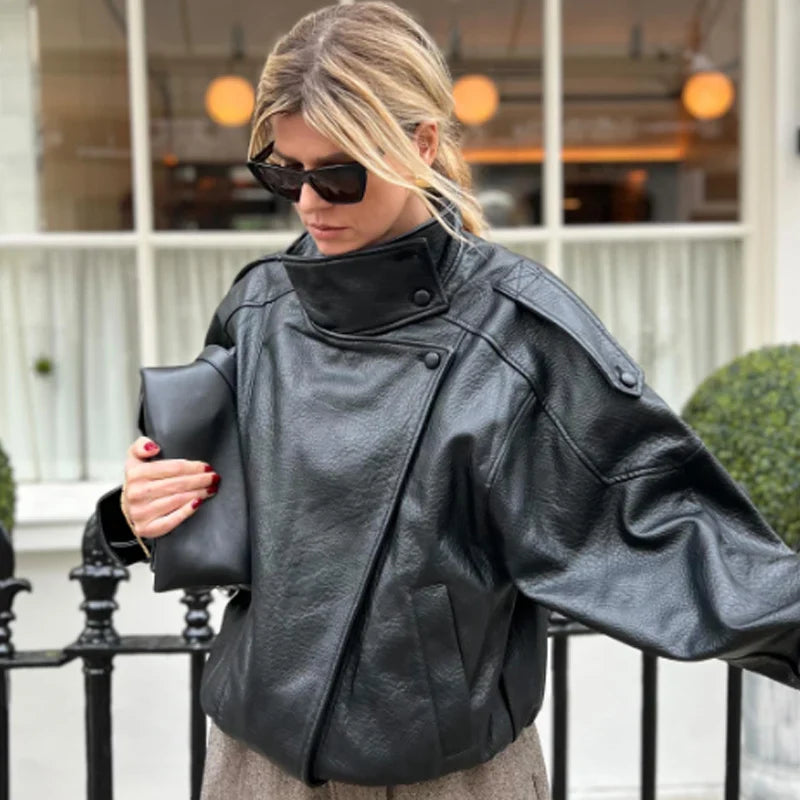 Women's Oversized Faux Leather Jacket, Relaxed Fit Biker-Inspired Jacket, Long Sleeve Zip-Up Fall Winter Outerwear