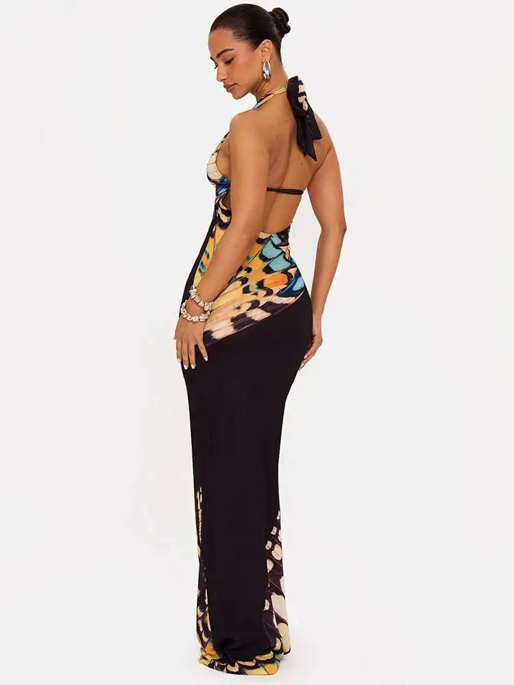 Printed Maxi Dress – Halter Neck Sleeveless Dress with Draped Bodice, Cutout Waist and Figure-Hugging Floor-Length Silhouette for Events