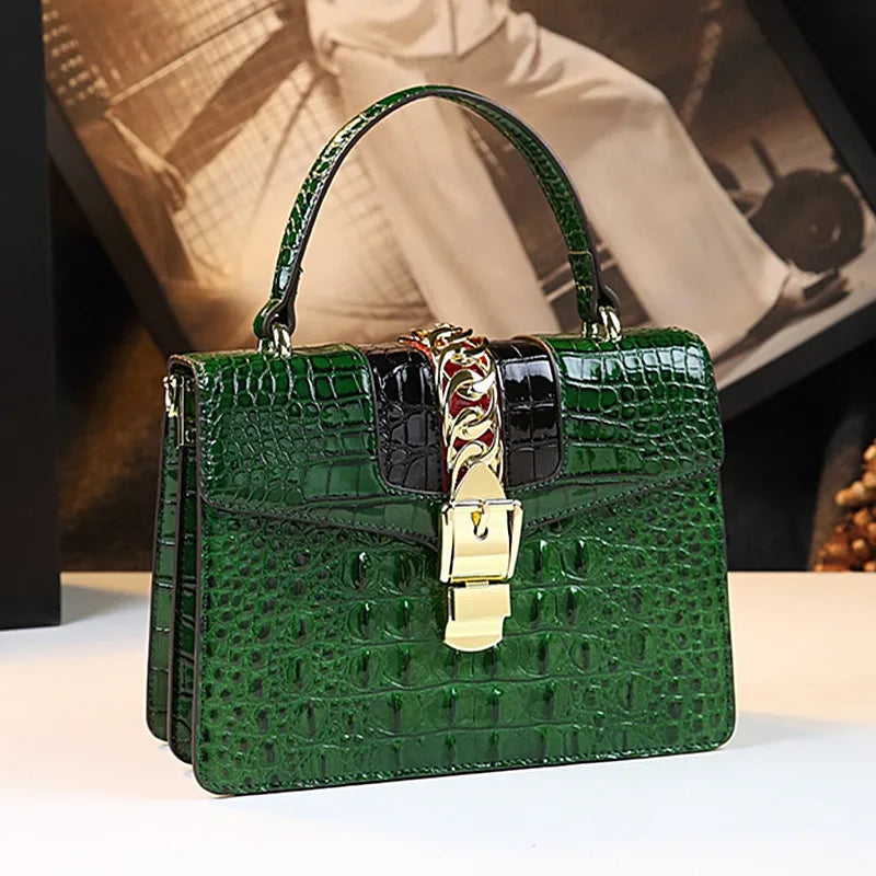 Crocodile Embossed Top Handle Handbag, Structured Vintage Satchel with Gold-Tone Clasp, Elegant Shoulder Purse for Work, Dates & Special Occasions