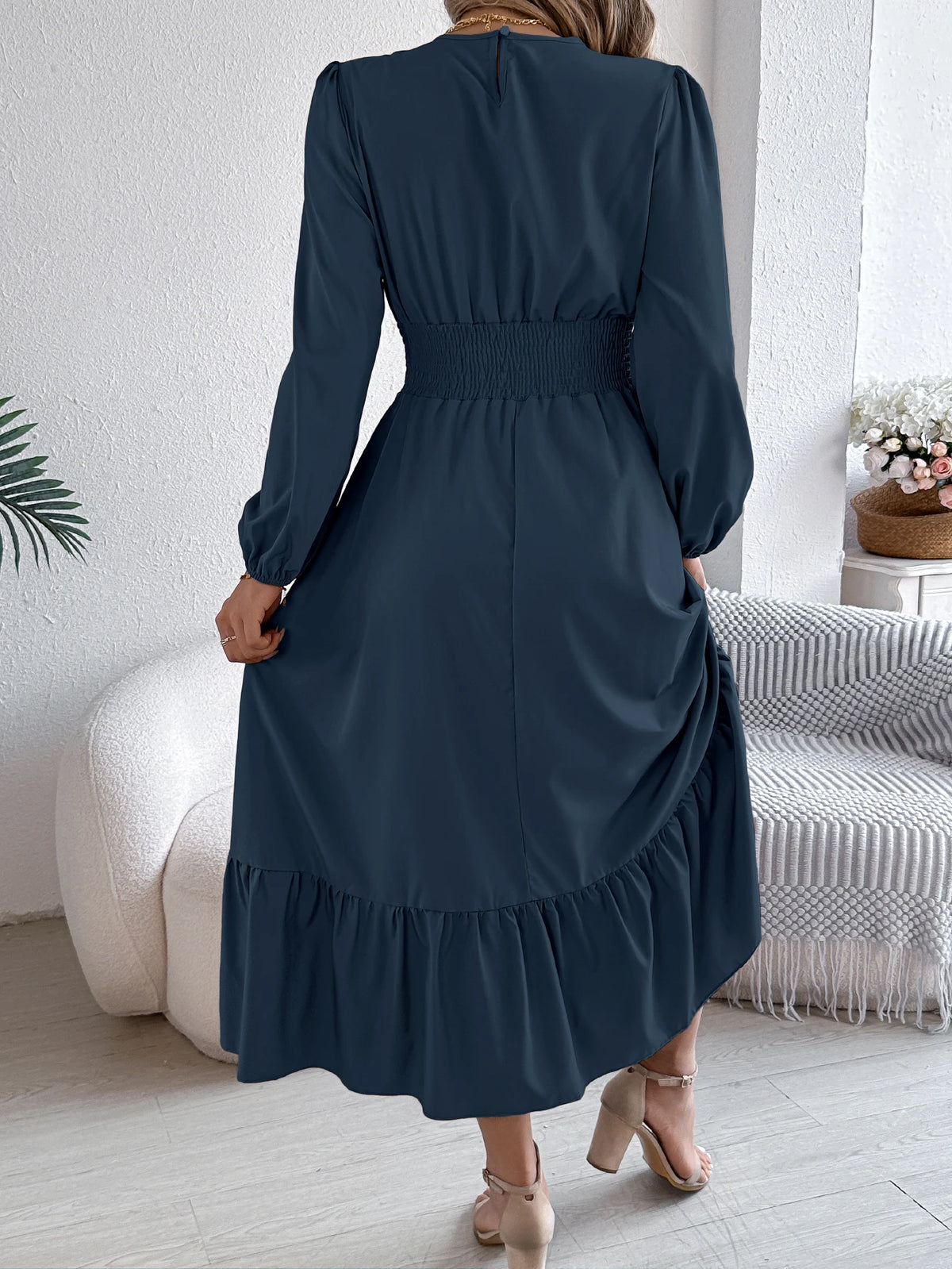 Long Sleeve Midi Dress – Square Neck Dress with Smocked Waist, Puff Sleeves, Gathered Bodice and Tiered Ruffle Hem for Casual Wear