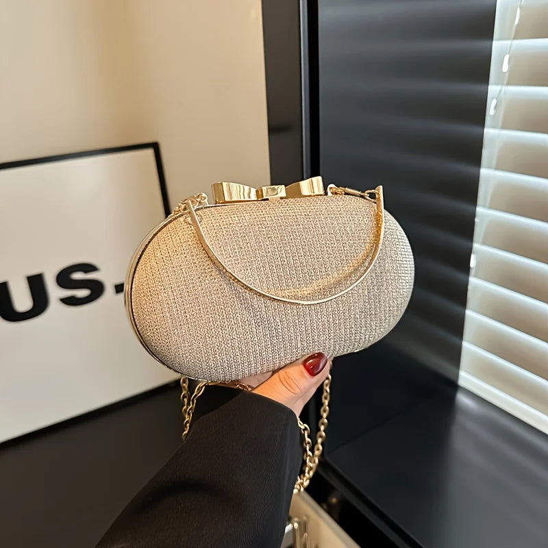 Crystal Embellished Clutch Bag, Glamorous Evening Handbag with Gold-Tone Frame, Chain Strap & Top Handle for Weddings, Parties & Formal Events