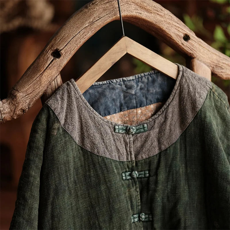 Boho Linen Jacket, Relaxed Button Front Jacket with Contrast Pockets and Vintage-Inspired Details, Casual Rustic Outerwear