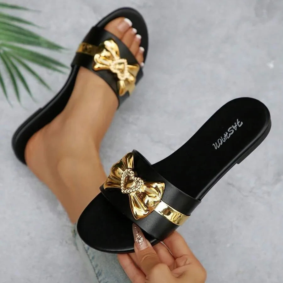 Bow Slide Sandals | Gold Embellished Flat Mules | Elegant Open Toe Summer Casual Shoes