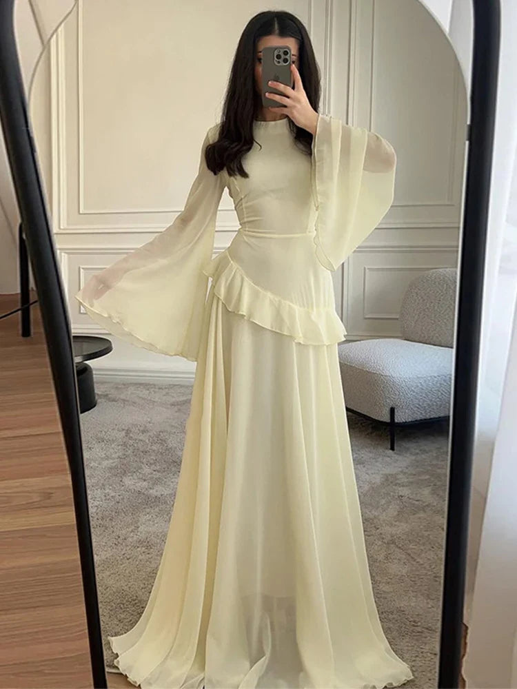 Elegant Maxi Dress – Long Sleeve Ruched Waist Gown with Draped Bodice and Flowing Floor-Length Skirt for Weddings & Formal Events