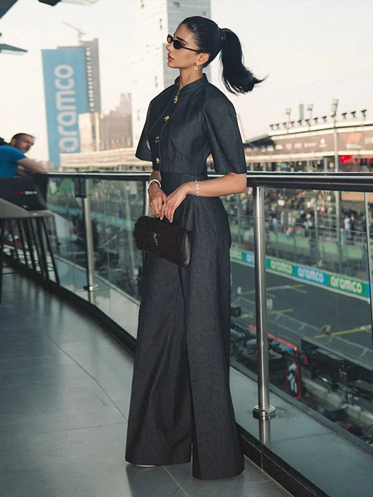 Button Front Collared Top & Wide Leg Pants Co-Ord Set | Tailored Two Piece Jumpsuit Style Outfit | Elegant Smart Casual Matching Set