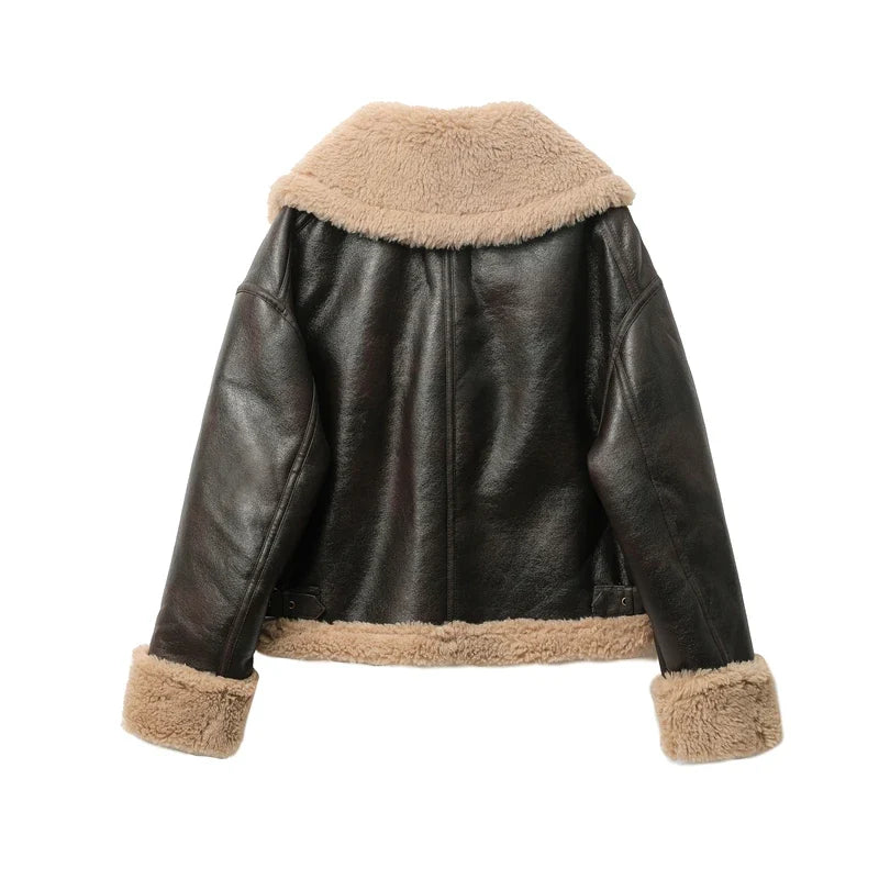 Shearling Aviator Jacket, Faux Leather Hooded Bomber Jacket with Plush Lining, Cropped Winter Outerwear
