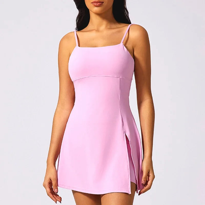 A-Line Mini Dress – Spaghetti Strap Square Neck Dress with Flared Skirt, Fitted Bodice and Side Slit for Vacations & Summer Outings