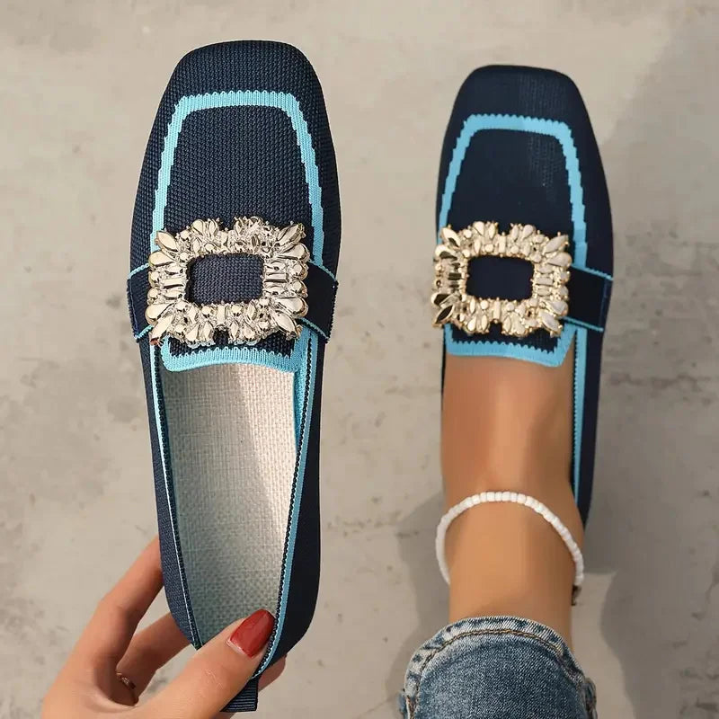 Embellished Loafers | Square Toe Slip-On Flats | Rhinestone Buckle Casual Dress Shoes