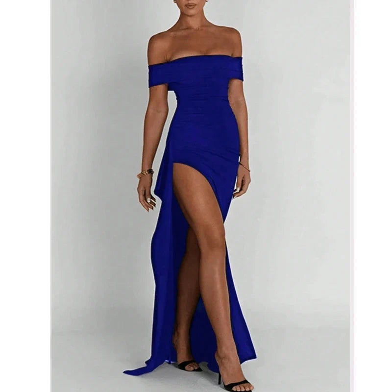 Off Shoulder Bodycon Maxi Dress – Fitted Floor-Length Dress with Thigh-High Side Slit for Weddings, Cocktail Parties & Evening Events