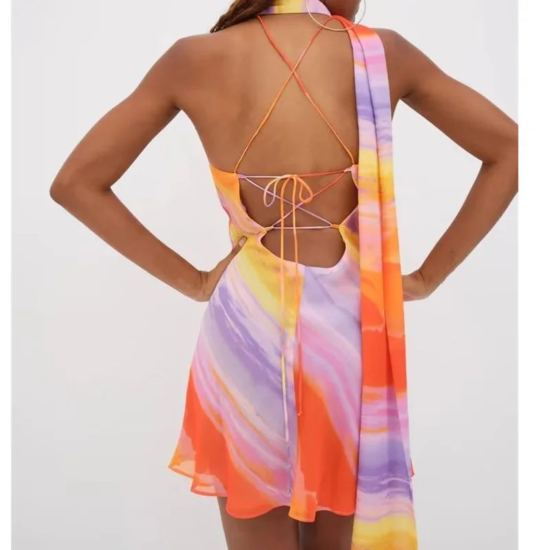 Abstract Mini Dress – Sleeveless Halter Dress with Asymmetrical Neckline, Flowing Scarf Detail and Flared Skirt for Vacations & Summer Events