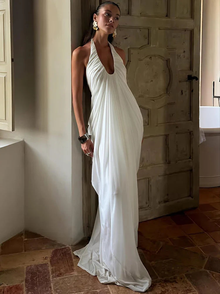 Elegant Maxi Dress – Sleeveless Deep V-Neck Dress with Fitted Bodice, Draped Waist and Flowing Floor-Length Skirt for Weddings & Evening Events