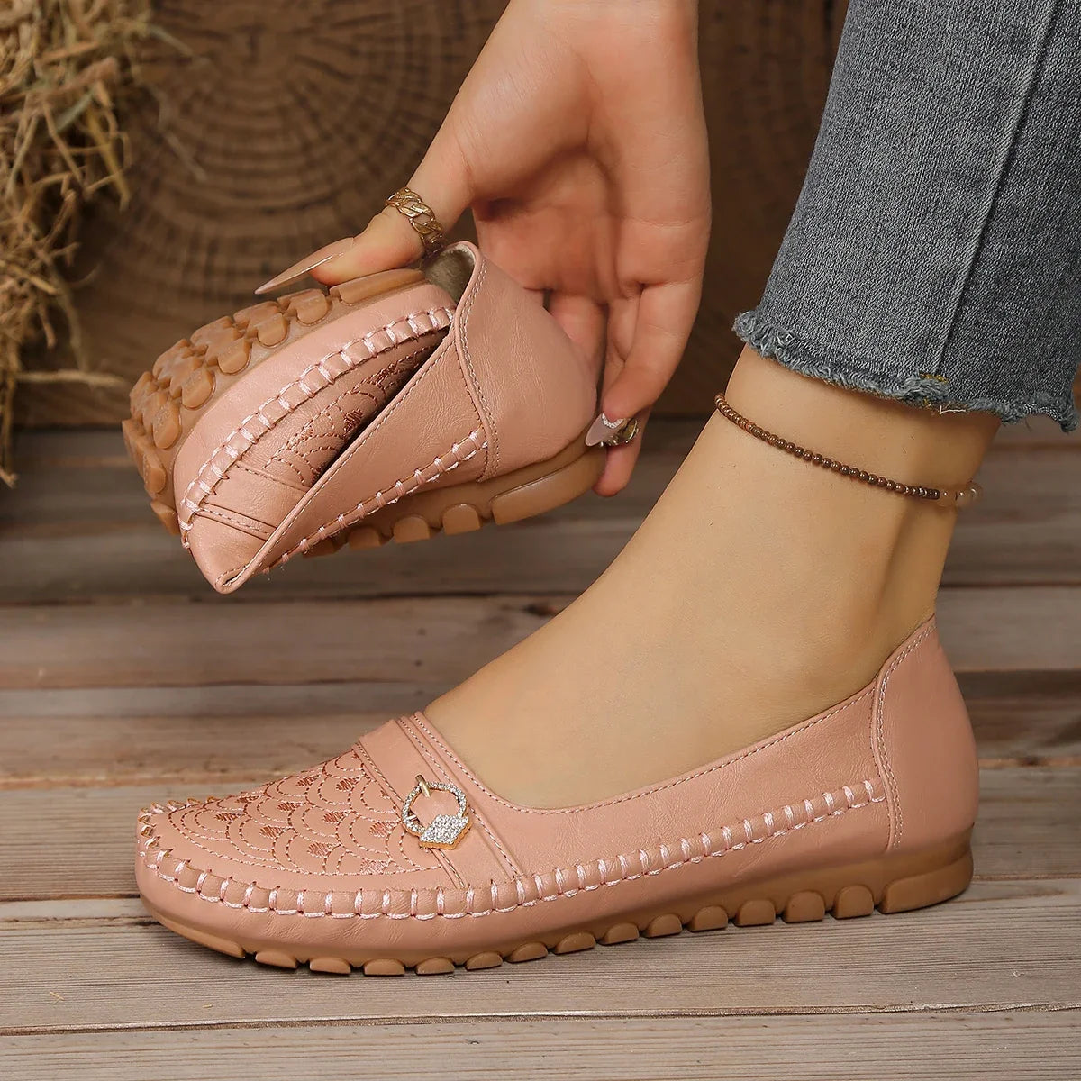 Comfort orthopaedic Ballet Flats | Pearl Embellished Slip-On Shoes | Soft Round Toe Casual Walking Flats