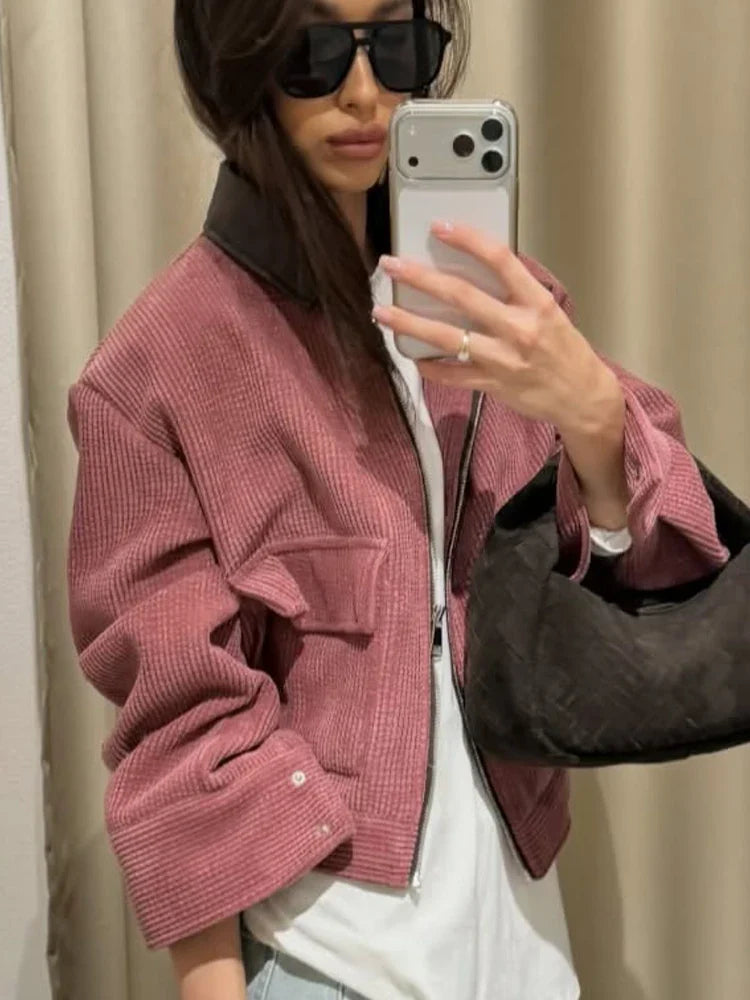 Corduroy Utility Jacket with Oversized Fit, Zip-Up Collared Workwear Jacket, Relaxed Casual Fall Outerwear