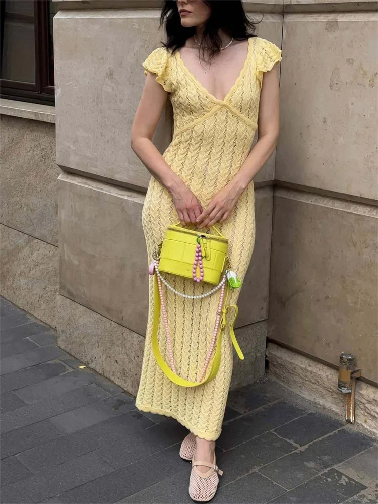 Knitted Maxi Dress – V-Neck Short Flutter Sleeve Dress with Textured Knit Pattern, Fitted Waist and Flowing Floor-Length Silhouette