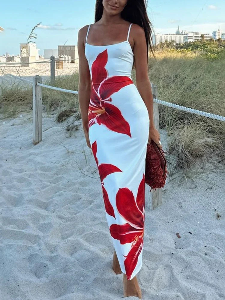 Floral Maxi Dress – Spaghetti Strap Bodycon Dress with Square Neck, Abstract Botanical Print and Figure-Hugging Silhouette for Beach Vacations