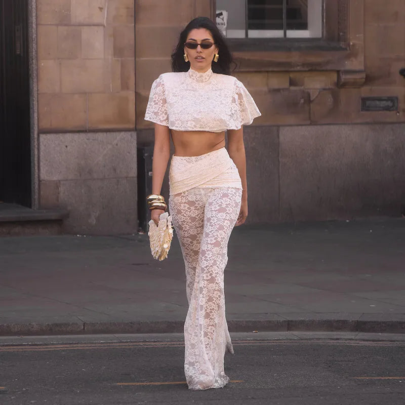 Lace Crop Top & High Waist Flared Pants Co-Ord Set | Short Sleeve Two Piece Floral Lace Outfit | Chic Vacation & Resort Matching Set