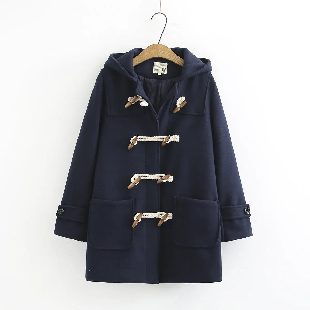 Classic Hooded Duffle Coat, Toggle Button Wool Jacket with Adjustable Cuffs and Front Pockets, Elegant Winter Outerwear
